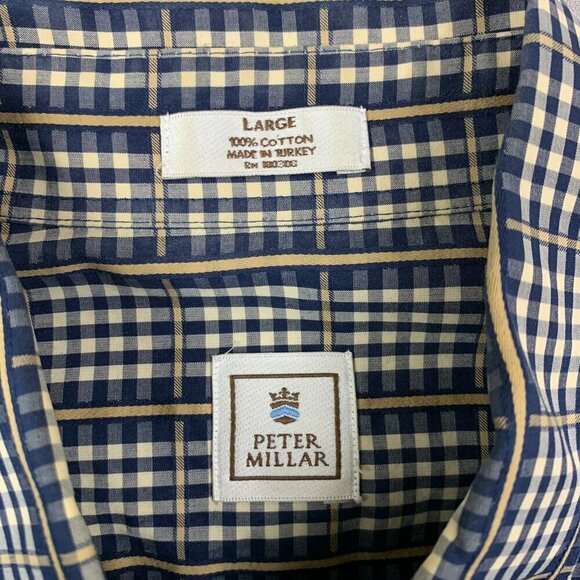 Peter Millar Mens Shirt Large Blue Gold Plaid Button Up Long Sleeve Windowpane - Picture 4 of 7